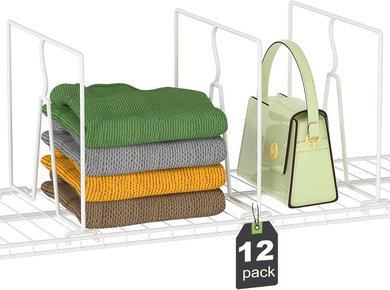 SortNStore Wire Shelf Dividers for Closet: Tall 12 Pack 12-inch Deep Wire Rack Accessories - Adjustable Purse Organizer for Clothes Handbags - Metal Pantry Separators - Image 1